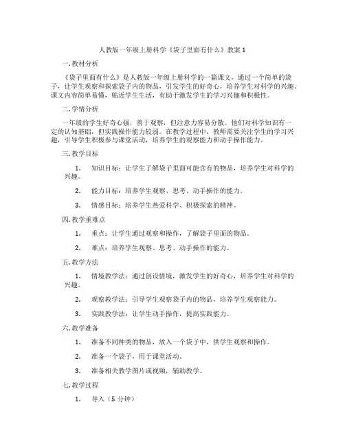 人教版一年级上册科学《袋子里面有什么》教案1