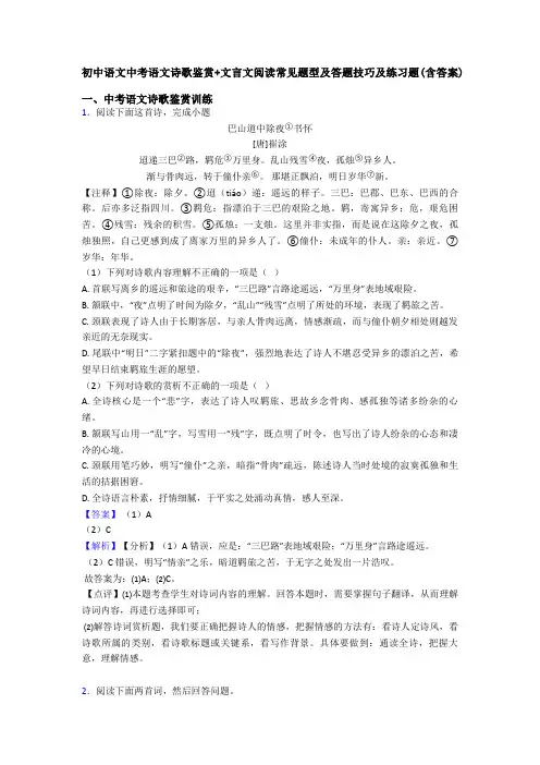 初中语文中考语文诗歌鉴赏+文言文阅读常见题型及答题技巧及练习题(含答案)