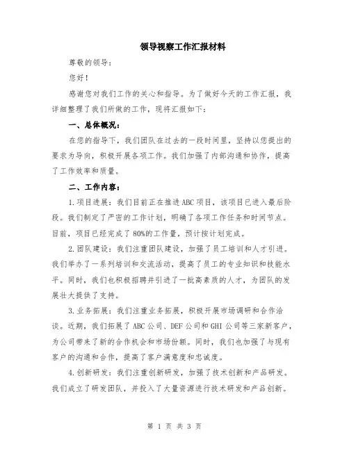 领导视察工作汇报材料