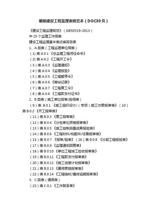 最新建设工程监理表格范本（DOC30页）