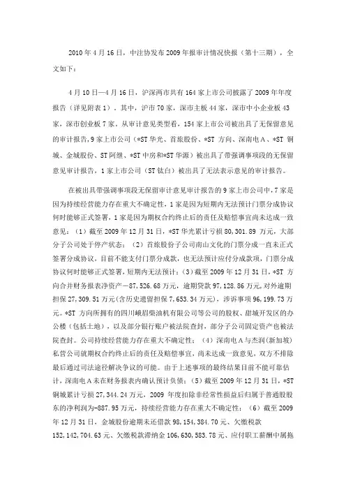 中注协发布2009年报审计情况快报(第十三期)