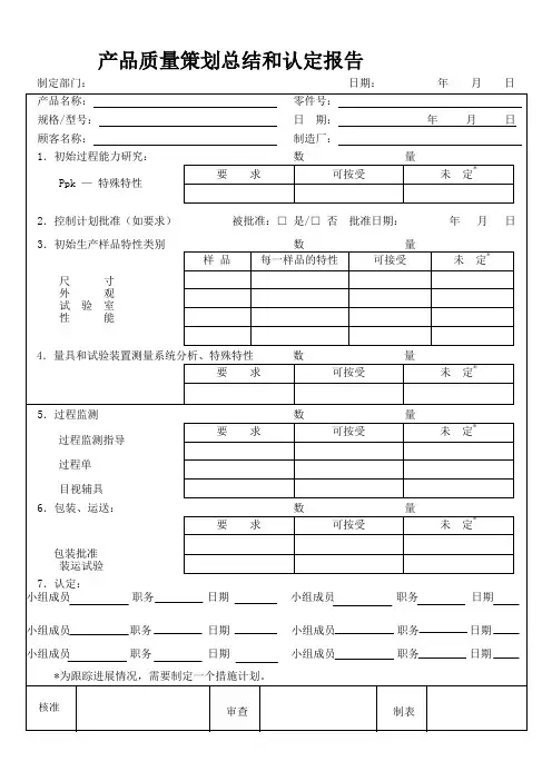 产品质量策划总结和认定报告