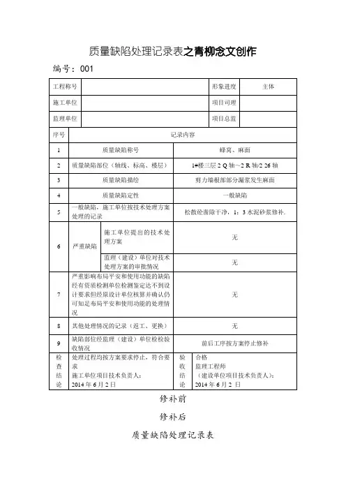 质量缺陷处理记录表