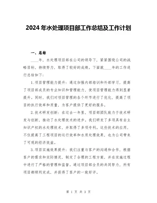 2024年水处理项目部工作总结及工作计划