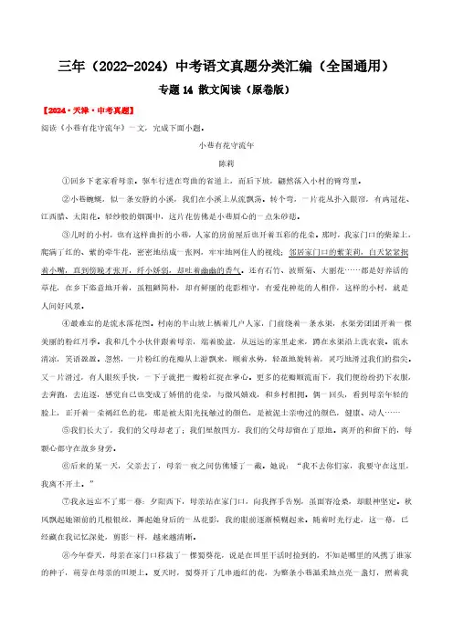 专题14  散文阅读(原卷版)三年(2022-2024)中考语文真题分类汇编(全国通用)