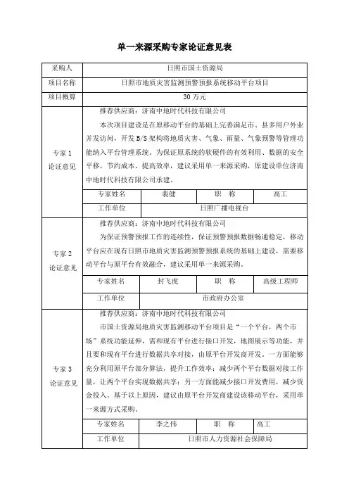 单一来源采购专家论证意见表