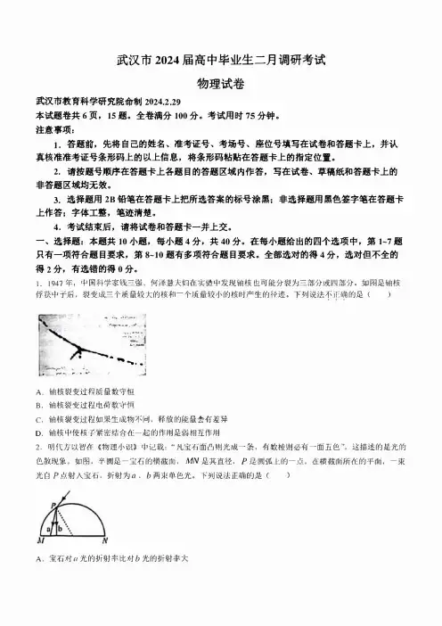 湖北省武汉市2023-2024学年高三年级二月调研考试物理试卷含答案