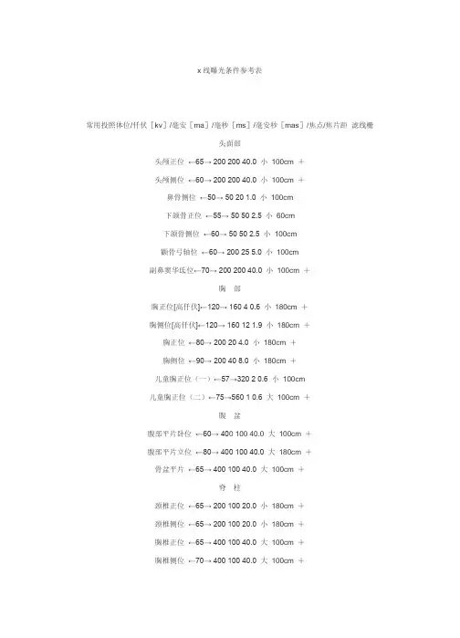 X线曝光条件参考表