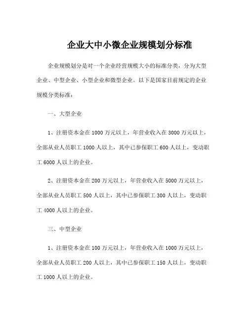 企业大中小微企业规模划分标准