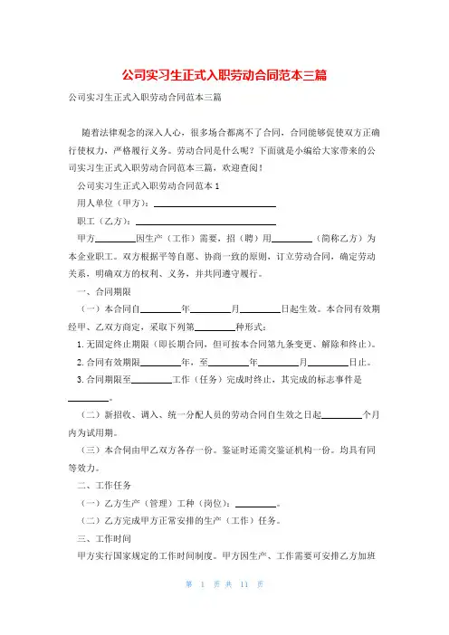 公司实习生正式入职劳动合同范本三篇