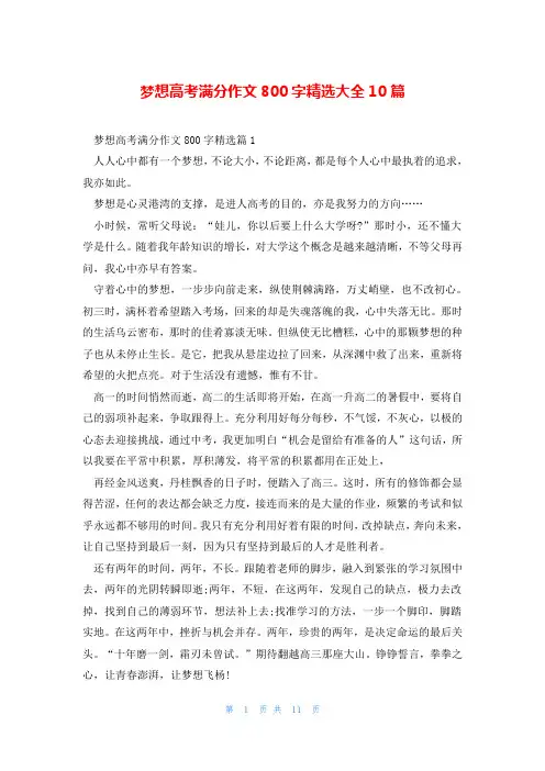 梦想高考满分作文800字精选大全10篇