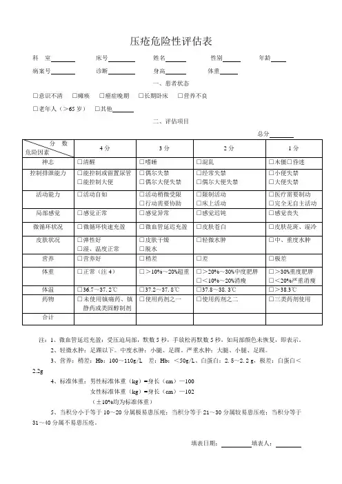 压疮风险评估单