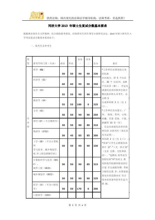 同济大学2013 年硕士生复试分数基本要求