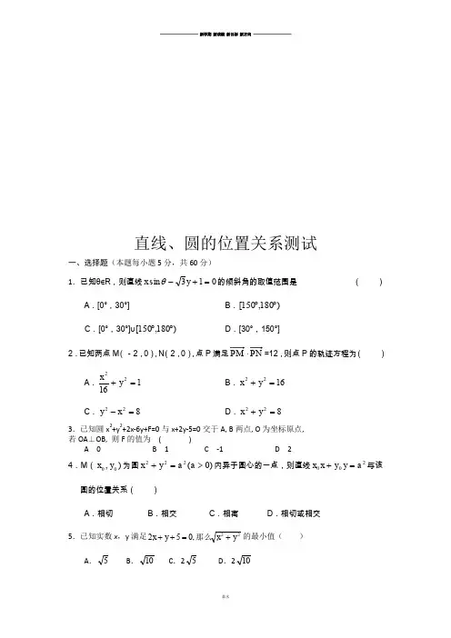 人教A版高中必修二试题直线、圆的位置关系测试.doc