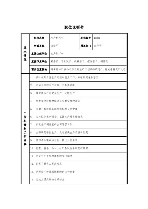 烧结厂职位说明书-生产科科长