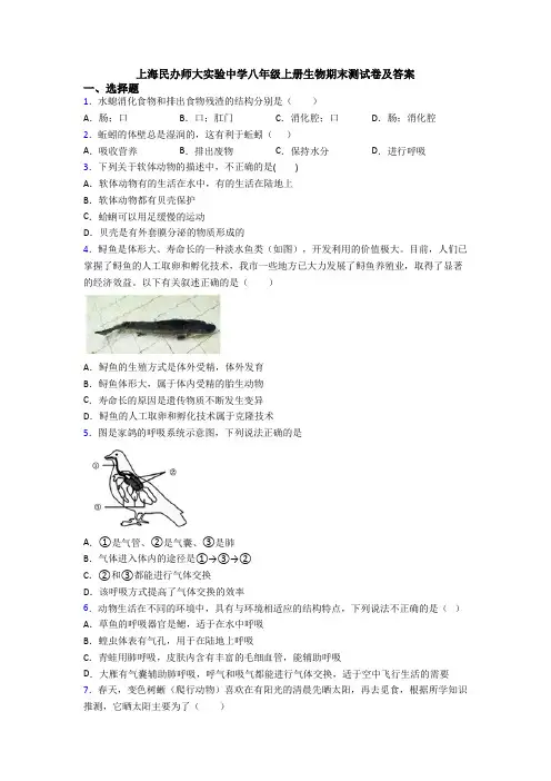 上海民办师大实验中学八年级上册生物期末测试卷及答案