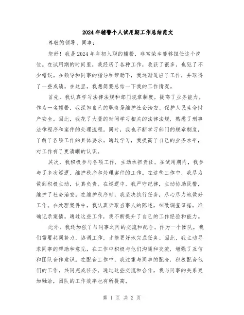 2024年辅警个人试用期工作总结范文