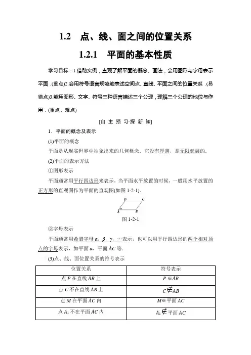 2019年苏教版数学必修2第1章 1.2 1.2.1 平面的基本性质