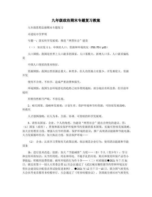 九年级政治期末专题复习教案