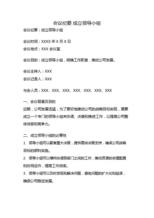 会议纪要 成立领导小组