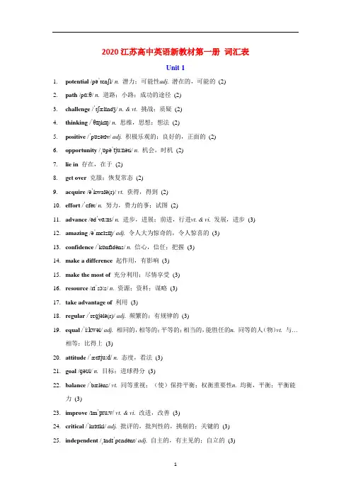 江苏高中英语新教材-第一册词汇表