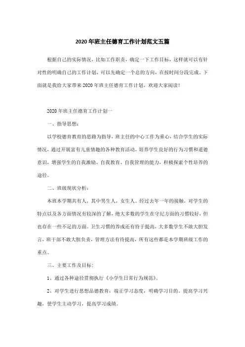 2020年班主任德育工作计划范文五篇