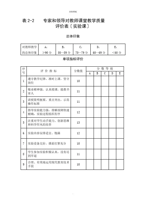 专家和领导对教师课堂教学质量评价表〔实验课〕