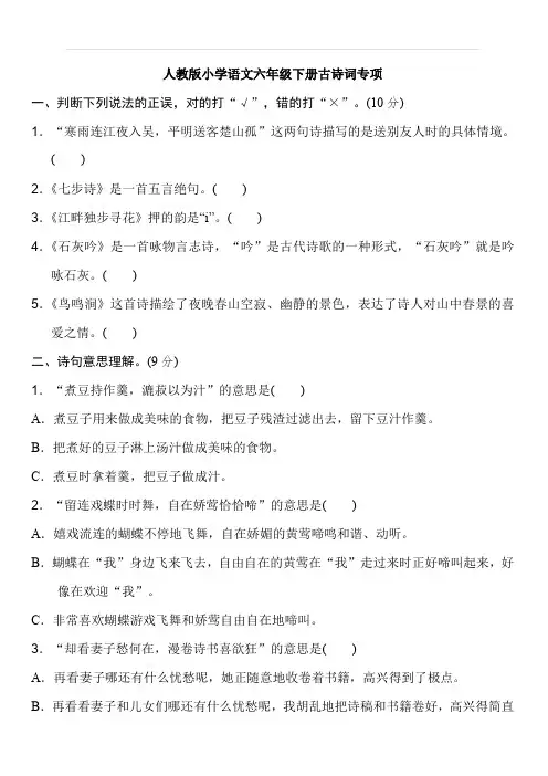 人教版小学六年级语文下册 专项训练 古诗词专项(含答案)