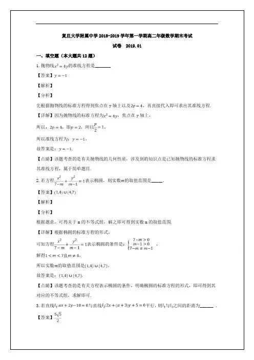上海市复旦大学附属中学2018-2019学年高二上学期期末考试数学试题 Word版含解析