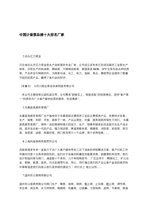 中国计量泵品牌十大排名厂家