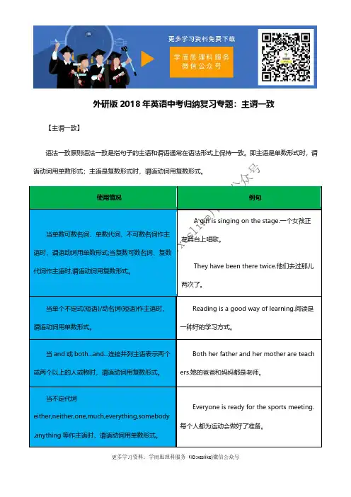 2018年英语中考归纳复习专题：主谓一致