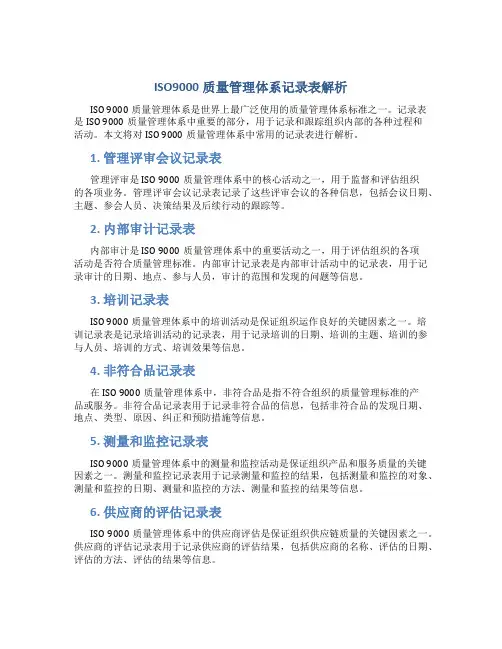 ISO9000质量管理体系记录表解析