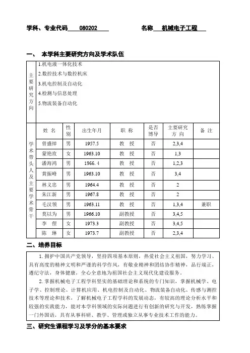 学科、专业代码-080202-名称-机械电子工程