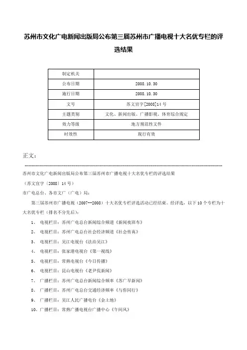 苏州市文化广电新闻出版局公布第三届苏州市广播电视十大名优专栏的评选结果-苏文宣字[2008]14号