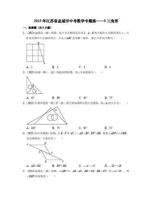 2023年江苏省盐城市中考数学专题练——5三角形