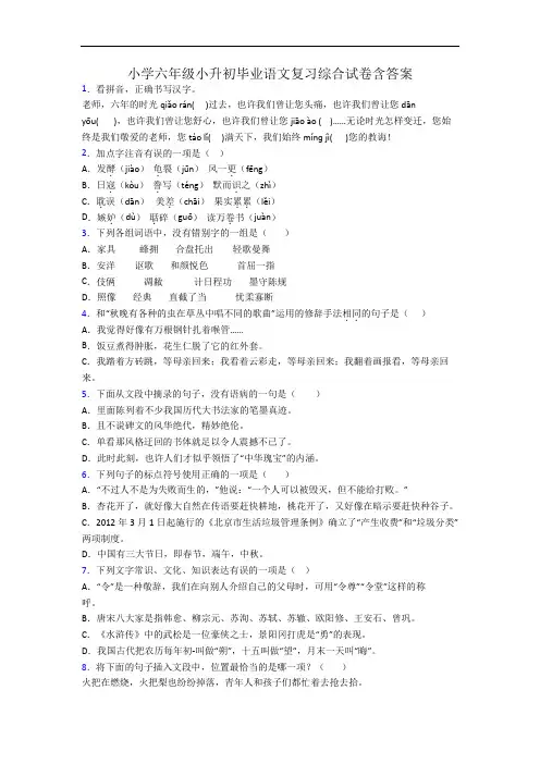 小学六年级小升初毕业语文复习综合试卷含答案
