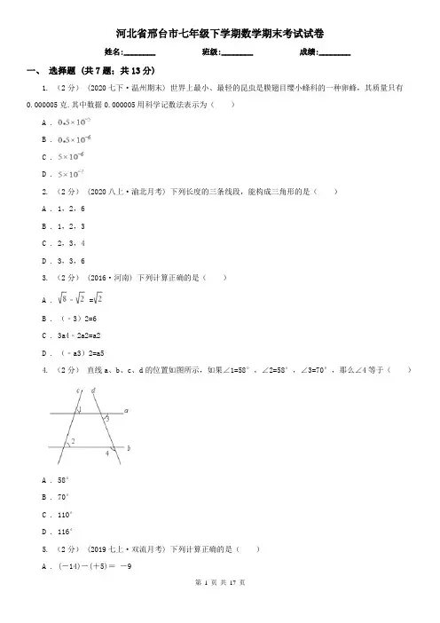 河北省邢台市七年级下学期数学期末考试试卷