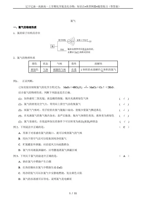 辽宁辽油一高新高一上学期化学氯及化合物：知识点+典型例题+随堂练习(带答案)