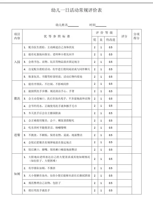 幼儿一日活动常规评价表