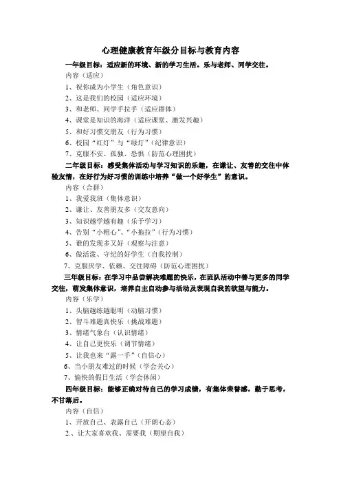 心理健康教育年级分目标与教育内容