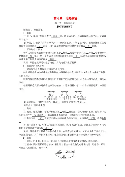 八年级科学上册第4章电路探秘4-1电荷与电流提优手册新版浙教版