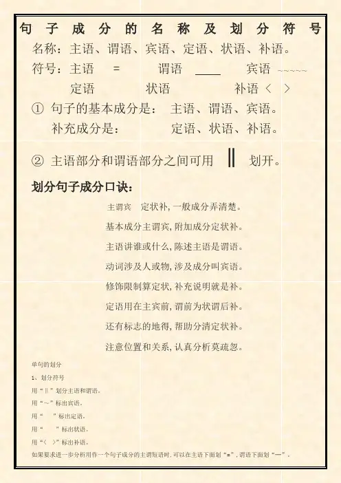 句子成分的名称划分口诀及划分符