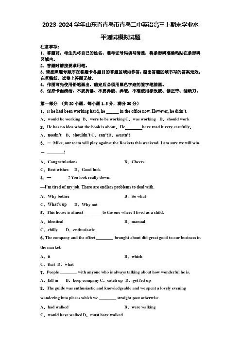 2023-2024学年山东省青岛市青岛二中英语高三上期末学业水平测试模拟试题含解析