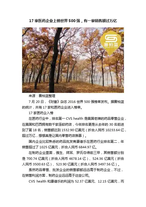 17家医药企业上榜世界500强，有一家销售额过万亿