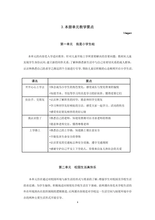 部编版道德与法治小学一年级上册单元教学要点