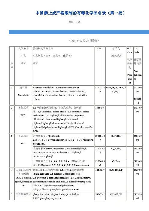 中国禁止或严格限制的有毒化学品目录(第一批)