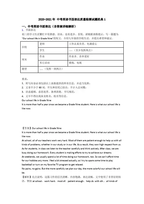 2020-2021年 中考英语书面表达质量检测试题经典1