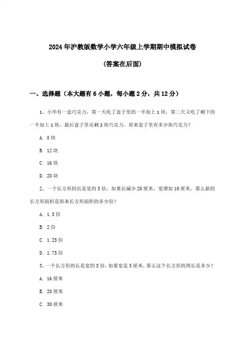 沪教版数学小学六年级上学期期中试卷及解答参考(2024年)