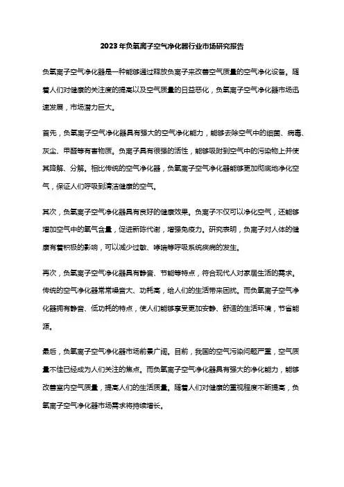 2023年负氧离子空气净化器行业市场研究报告