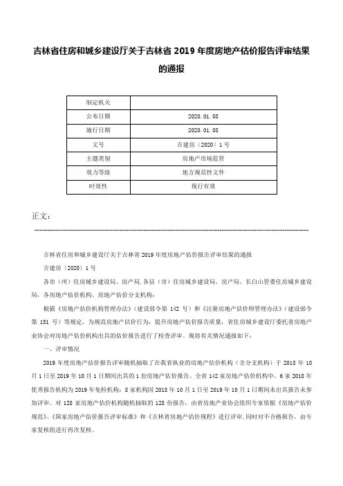 吉林省住房和城乡建设厅关于吉林省2019年度房地产估价报告评审结果的通报-吉建房〔2020〕1号